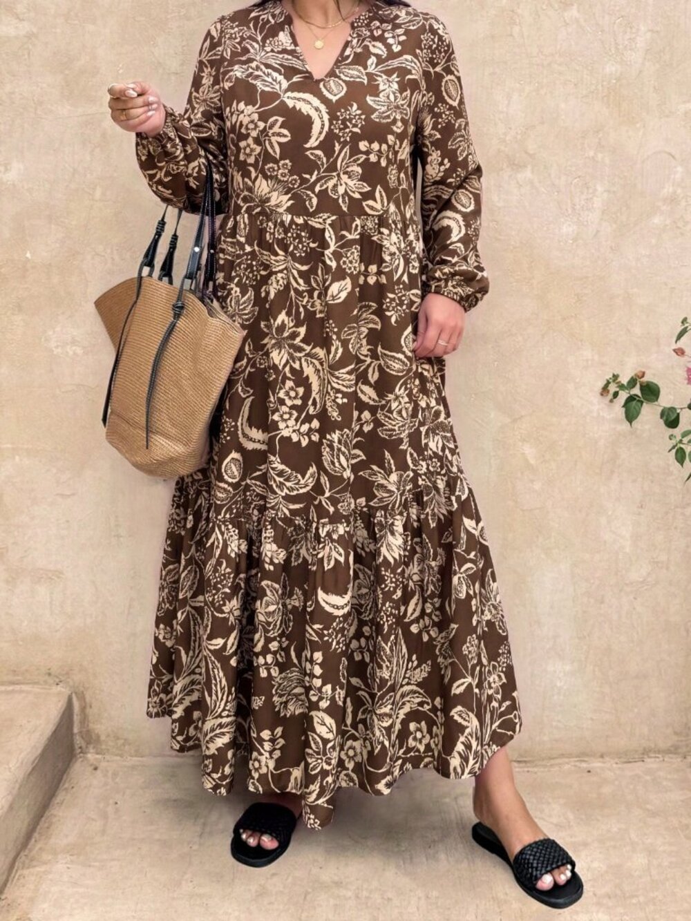 Multicolor Boho Women's Pleated Long V-Neck Bishop Sleeve A-Line Dress - Picture 5 of 8